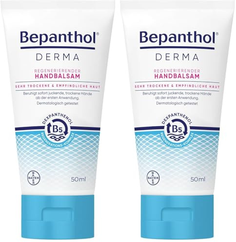 Bepanthol DERMA Regenerierender Handbalsam für die tägliche Pflege, beruhigt sofort juckende, trockene Hände, zieht schnell ein und spendet bis zu 48h Feuchtigkeit. Mit B5-Regenerations-Komplex, 50ml