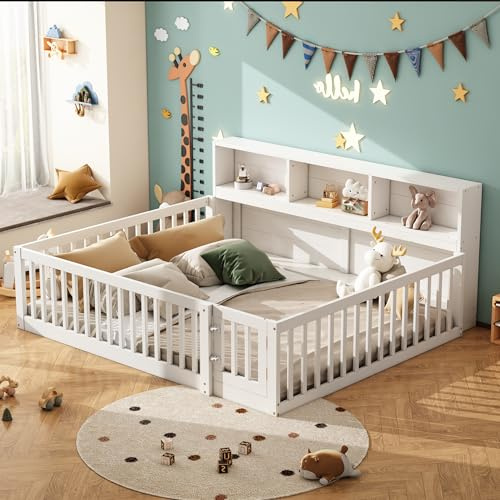 Kinderbett 140x200, Montessori Bodenbett mit Staufach und Tür inkl. Rausfallschutz und Lattenrost, Kiefernholz Gitterbett Montessori Bett Babybett Kinder Jugendbett Doppelbett für Jungen Mädchen,Weiß