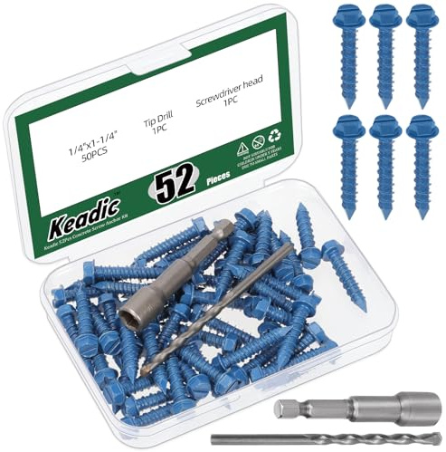 Keadic 50 PCS 1/4 Concrete Screw Anchor with Phillips Flat Head & Drill Bit Set - Perfect for Anchoring to Masonry, Block or Brick Stucco,Secure Fastening on Concrete (Blue,Long 32mm/1-1/4in)