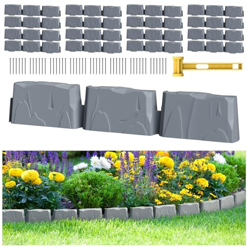 16Pcs Landscape Edging(24 Foot) with 48 Pieces 8-inch Spikes | 3 Inch Tall Faux Stone Edging for Landscaping | Faux Stone Edging Bricks for Flower Bed,Lawn,Yard,Weed Barrier(Dark Grey)