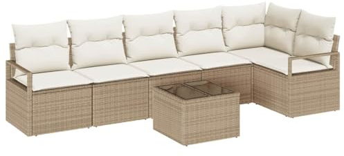 vidaXL Garten-Sofa-Set mit Kissen mit Speicher 7 pcs Beige und Creme, Stylisches Garten- und Terrassenmöbel, modernes Rattan-Sofa, wetterfest, vielseitige Sitzmöglichkeiten
