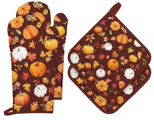 Arquiel Fall Pumpkin Leaves Oven Mitts and Pot Holders -100% Cotton, Heat Resistant Extra Long Oven Gloves & Hot Pads for Cooking BBQ Grilling Baking Gift, Set of 4 | Autumn pumpkin themed cotton kitchen set, heat resistant and convenient for cooking, baking and grilling.
