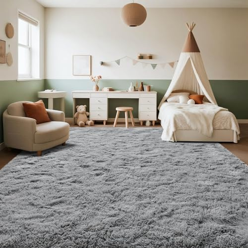LIJIAO Kuscheliger Kurzflor Teppich 50 x 70 cm Anti-Rutsch Unterseite, Super Soft, Felloptik Hochflor Wohnzimmer Teppich für Wohnzimmer, Schlafzimmer, Hellgrau