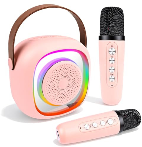 Ambesty Karaoke Enfant avec 2 Microphones sans Fil, Micro Portables Karaoké, Jouet de Karaoké Bluetooth avec Voix Change et LED Lumière pour 3-12 Enfant Fille Cadeau Chanter Adulte (Rose)