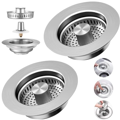 2 STK 3-in-1 Spülbecken Stöpsel, Abflussstopfen und Abflusssieb Küchenspüle | Universal Abflusssieb Küchenspüle mit Sieb, Pop-Up Edelstahl, Für Bohrungsdurchmesser von 75–82 mm, Tiefe der Spüle>28mm