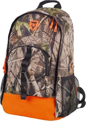 WORKTEAM Mochila de Caza 23L, Camuflaje, Compartimentos Múltiples con Doble Cremallera, Laterales de Rejilla, Tirantes Acolchados y Espalda Ergonómica para Outdoor y Montaña Camuflaje+Naranja