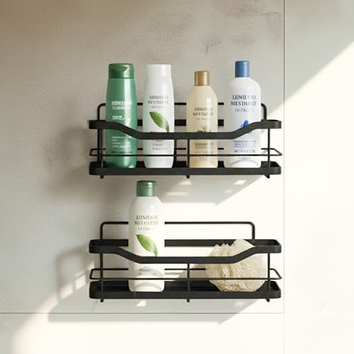Silverfoks Home Bathroom Shelf Organiser Shower Caddy Storage Rack for Bathroom/Kitchen with Razor Holder, Durable Steel Premium Finish, Black, No Drilling, Adhesive