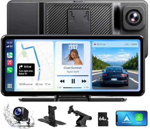 LAMTTO Ecran Carplay Voiture & Android Auto sans Fil avec Dashcam 2,5K + 1080P, Écran Tactile HD Portable de 6,86 Pouces, Car Play avec Commande Vocale, Navigation, Bluetooth, FM, AUX, Carte 64 Go