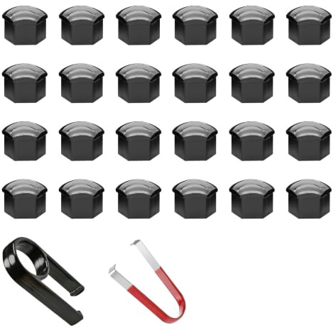 24 Capuchon d'écrou de Roue, Cache Ecrou 17 mm, pour Voiture, Cache-Écrous Hexagonaux en Noir avec 2 Outils de Retrait, Protection Contre Installation Facile Améliore l’Esthétique des Boulons de Roue