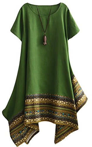 Vogstyle Donna Estate Lino Cotone Manica Corta Maglietta Tops Shirt Vestito Verde XXL