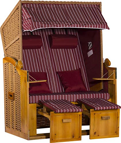 Webavita Strandkorb Ostsee | 2-Sitzer Volllieger Bausatz | Geflecht: Natur, Bezug: Rot gesreift | Beach Chair für Garten Terrasse Balkon
