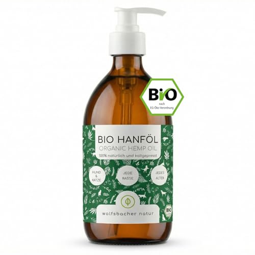 Aceite de cáñamo orgánico para Perros y Gatos 500ml | 100% Natural y prensado en frío | Apoyo para la Piel y el Pelaje | Omega 3-6-9 | DE-ÖKO-060