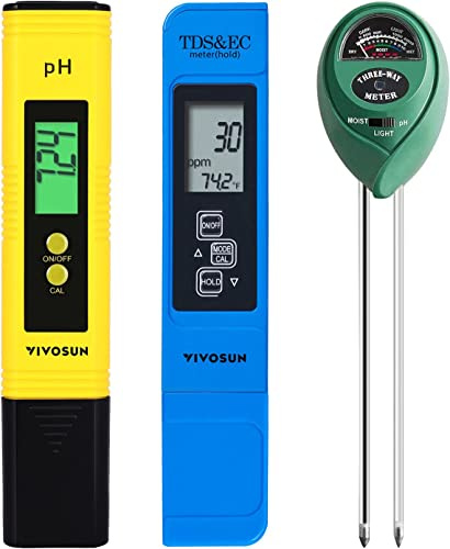 VIVOSUN Testeur de pH Numérique, Testeur de Température et TDS EC 3 en 1, Testeur D'humidité du Sol pour Maison, Jardin et Culture Hydroponique