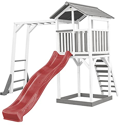 AXI Beach Tower Spielturm aus Holz in Weiß & Grau | Spielhaus für Kinder mit roter Rutsche, Klettergerüst und Sandkasten | Stelzenhaus für den Garten