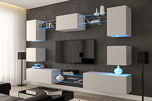 Furnitech Wohnwand Wohnzimmer - Wohnzimmer Möbel mit LED RGB - 16 Farben - Hängend Wohnwand Modern Schrankwand mit Regale und TV Schrank (Nowara AN1-17W-M2-1A-NEW)