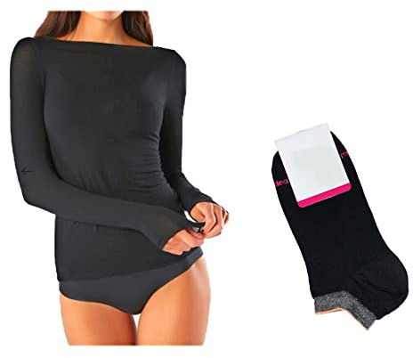 JADEA Maglia Cashmere Manica Lunga, Offerta 1-2 Pezzi + Calze in Omaggio, Scollo a Barca, Sottogiacca Donna (1 Nero + 1 Calza, L)