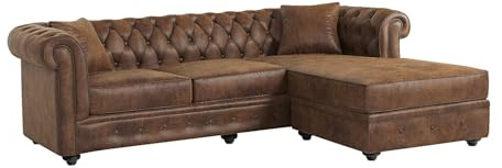 Vente-unique-Divano angolare chesterfield reversibile in microfibra invecchiata Marrone - TOLEDO