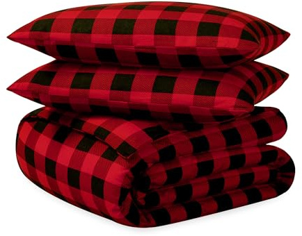 Bare Home Flannel Duvet Cover Set - Queen - 100% Cotton, Velvety Soft Heavyweight Premium Flannel, Double Brushed - Includes Sham Pillow Covers (Queen, Buffalo Plaid - Red/Black)