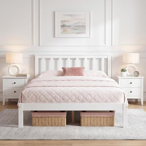 Panana Solid Pine Wood Double Bed Frame 4FT6 Wooden Bed for Adults, Kids, Teenager, White, 135 * 190cm