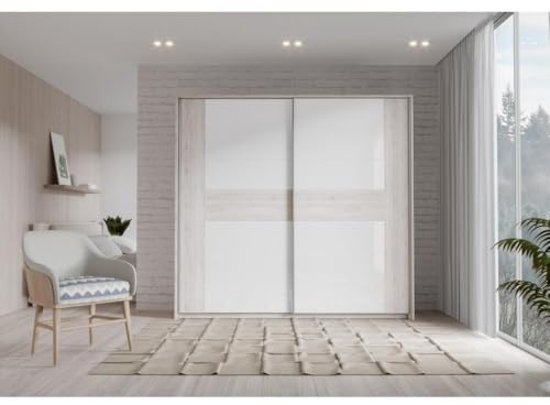 Forte RONDINO Schrank 220, Kleiderschrank, Schwebetürenschrank Skandinavisch Schlafzimmer 2-türig, Holzdekor: Sandeiche/Weiß Hochglanz, 220 cm breit x 210 cm hoch x 61 cm tief