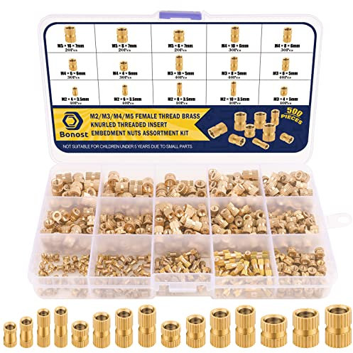 Bonost 500Pcs Threaded Inserts Kit M2 M3 M4 M5 - Female Thread Heat Set Insert, Brass Knurled Thread Insert Nuts for Plastic Injection Molding, 3D Printing (Metric)