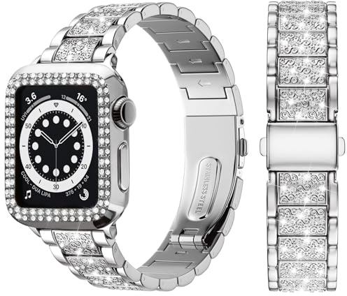wutwuk Shiny Straps with Case for Apple Watch 45mm | Bands Fits iWatch Series 9/8/7 45mm, Stainless Steel Strap for Women Men, Silver