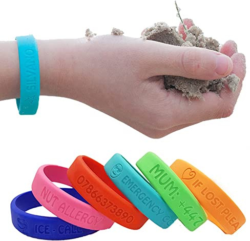Easy2Name – Childs Customisable SOS Safety Bracelet for Boys & Girls Made of Silicone, Engraved with Name & Phone Number – Kids Waterproof Emergency Bracelet, Extra Durable – Color Selectable