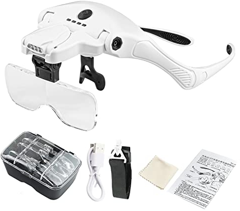 Hancaner Lupenbrille mit Licht Hände Frei Kopfband Lupen mit 4 LED Lichts 5 abnehmbare Linse 1,0 x bis 3,5 x austauschbare Lupe,für Lesen, Hobby, Juweliere, Nähen Handwerk,und