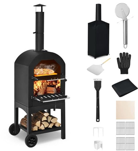 Happygrill Outdoor Pizza Oven Wood Fired, Portable Pizza Maker Grill w/Stone, Peel, Cooking Grids, Built-in Thermometer, Waterproof Cover, Wheels for Barbecue Backyard Camping