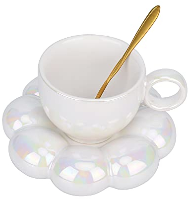 Ceramic Coffee Mug,Cloud Coffee Cup and Saucer Set,Cute Mug with Flower Spoon and Sunflower Coaster,Kawaii Tea mug with dish, Latte Cups 6.7oz/200ml for Office and Home for women Girls (Pearl White)