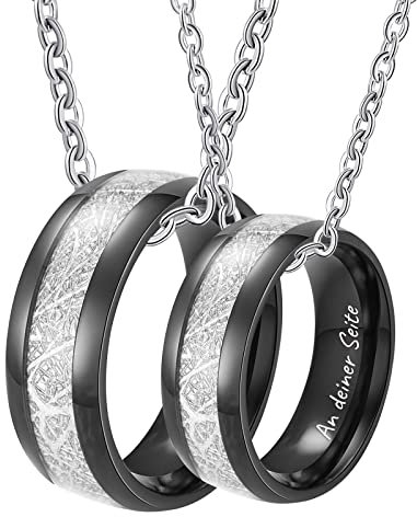 KnSam Partner Kette aus Edelstahl, 8MM Ring Anhänger Kohlefaser Gravur Ich Liebe Dich Partner Ketten Wunsch Text Preis für 2, Schwarz Silber, Damen 54 Herren 62, 60cm & 50CM Länge