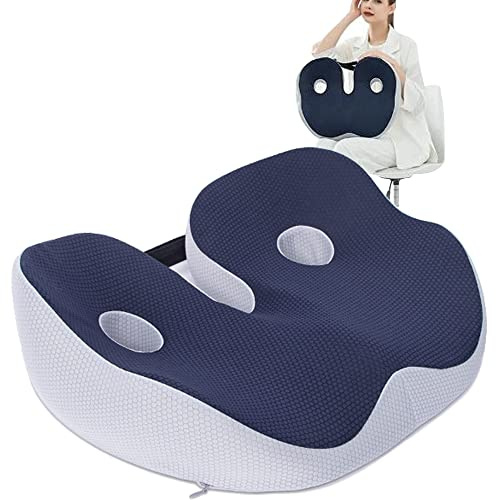 SQYROY Cojín de asiento de espuma viscoelástica transpirable para dolor de espalda, coxis, ortopédico, silla de oficina, soporte para silla de ruedas, coxis, alivio de ciática, azul marino, 18.9 x