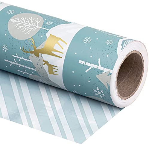 RUSPEPA Vändbart julpresentpapper - minirulle - 43,2 cm x 10 m - familjesemesterlandskap med blå och vita renar och randigt mönster för helgdagar, fester, fester