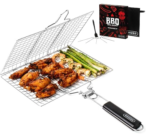 SHIZZO Shallow Grill Basket Set, Grilling Accessories Barbecue BBQ, Stainless Steel Folding Portable Outdoor Camping Rack for Fish, Shrimp, Vegetables, Cooking Accessories, Gift for Family, Freinds