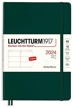 LEUCHTTURM1917 367652 Wochenkalender, Softcover, Medium (A5) 2024, 12 Monate, Forest Green, Englisch