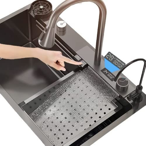 Sink Home Küchenspülen 30-Zoll-Wasserfall-Küchenspüle Nano-Einzelbecken-Arbeitsplatz-Küchenspüle Edelstahl-Küchenspüle mit multifunktionaler Digitalanzeige (Größe: 32 x 18 x 9,3)