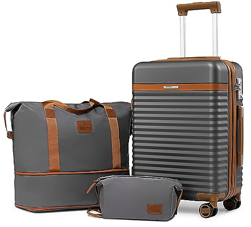 Joyway Kofferset 3 Teilig von ABS Hartschalen Erweiterbar Trolley Kofferset mit 4 Rollen und TSA Schloss Der Handgepäck Sets Enthält 1 Reisetasche und 1 Kulturbeutel Grau