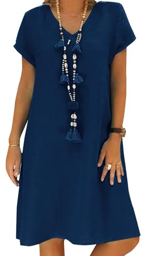 AUDATE Women's Summer Dress Cotton Short Sleeve V Neck Casual Linen Dress Loose Fitting Beach Vacation Sundress Navy L