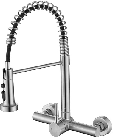 ZHYICH Wall Mount Kitchen Faucet with Pull Out Sprayer, 8 Inch Center Commercial Kitchen Sink Faucet, Spot-Free Stainless Steel, Easy Controlled Cold and Hot Water