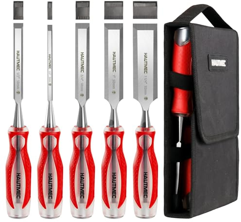 HAUTMEC Wood Chisel Sets, 5 Piece Chisel Set for Woodworking, Full Tang Drop-Forged CR-V Steel Beveled Edge Blades with Carry Storage Bag and Ergonomic Non-Slip Handles