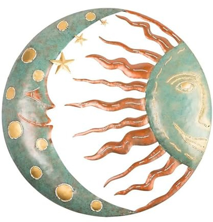 Ornamento da Parete con Stella Sole e Luna, Decorazione Boho con Pendente da Parete, Decorazione Artistica da Parete a Forma di Faccia di Sole e Luna, Sculture da Parete Celestiali in Metallo(Verde)