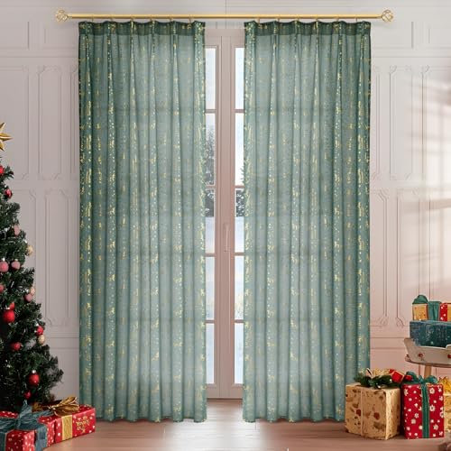 MRTREES Rideau occultant Thermique de Noël, Rideau Voilage Vert avec Motif doré de Sapin de Noël 140x225 cm 2 pièces adapté pour la Chambre Le Salon et la Chambre d'enfant