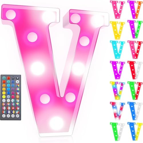 Colorful LED Marquee Letter Lights with Remote, RGB Light Up Letters, 34 Colors Changing Battery Powered Letter Lights Gift for Wedding Birthday Party Halloween Christmas Home Decor, LED Letter V