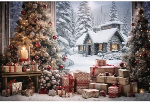 Ci-Fotto Fond Photographie de Noël, 2x1,5m Décors pour Studio Photo, Arbre de Noel Maison de Neige Noël Décoration Bannière Fête à la Maison Fond, Toile de Fond Photographie pour Bébé Enfants