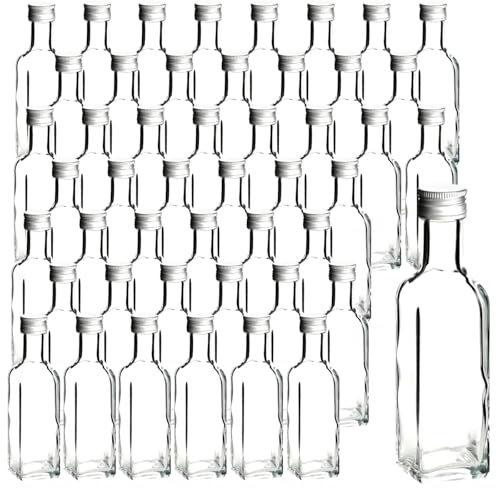 gouveo Juego de 48 botellas de vidrio Maraska de 100 ml con tapón de rosca plata - Botella pequeña de 0,1 l para rellenar - Botella cuadrada vacía para licor, aceite (MFET100S)