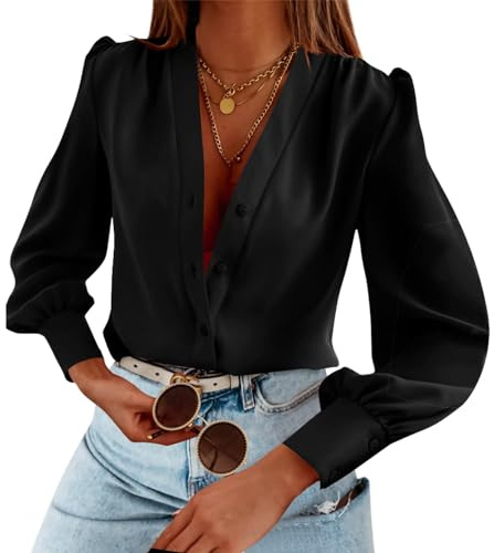 Imily Bela Camicia da donna in raso con scollo a V, camicia button-down a maniche lunghe, eleganti camicie eleganti in chiffon, Nero , S