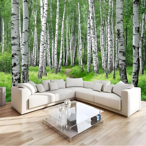 JEDTAKCT Fototapete Birkenwald Ölgemälde 300X210Cm - Seidetapete - Wandtapete - Waldlandschaft Art Fototapete - Wand - Wandbilder Schlafzimmer Wohnzimmer Bildtapete Foto Tapete