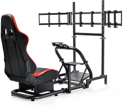 Dardoo Racing Simulator Cockpit with Triple Monitor Stand and Red Seat Fit for Logitech G29 G920 G923, for Thrustmaster T500RS TX, for Fanatec CSL-DD, No Steering Wheel,Pedal,Handbrake