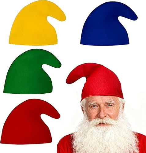HVIHWI 4 Stück Zwergenmütze für Erwachsene, Einheitsgröße, Zipfelmütze für Karneval, Fasching, Halloween, Kostümzubehör, Wichtelmütze Elfenmütze, Mottoparty Accessoire