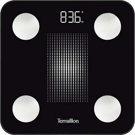 TERRAILLON - WEIGHT CONNECT - Bilancia Intelligente Bluetooth, analisi delle masse grassa, muscolare, idrica e ossea, BMI, capacità 180 kg, gradazione 50 g, schermo LED, vassoio vetro, nero